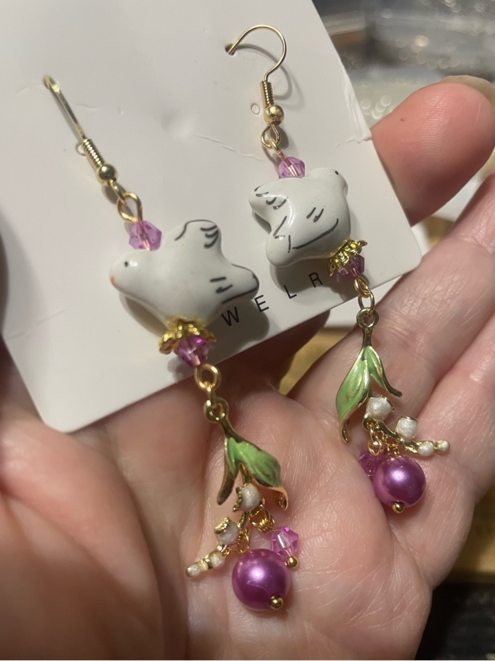 Hand Crafted White Bird Drop Earrings with Pink and Green Accents - Picture 3 of 5